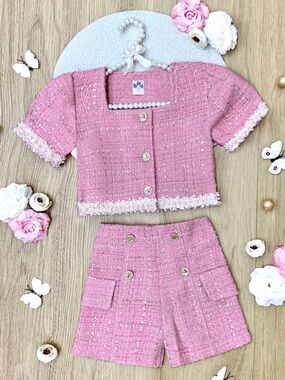 Girls Pink Tweed Two-Piece Set - Short Sleeve Jacket & Shorts